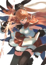 Rule 34 | 1girl, animal ears, black gloves, black legwear, black ribbon, blush, book, breasts, brown cape, brown hair, brown skirt, cape, clarisse (granblue fantasy), closed mouth, commentary request, fake animal ears, frilled gloves, frills, gloves, granblue fantasy, green eyes, holding, holding book, long hair, looking away, looking to the side, medium breasts, open book, pleated skirt, ponytail, rabbit ears, ribbon, shirt, simple background, skirt, sleeveless, sleeveless shirt, solo, standing, standing on one leg, very long hair, wasabi60, white background, white shirt