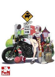Rule 34 | 1girl, 2021, ball, blue kimono, dinergate (girls&#039; frontline), fence, folding fan, girls&#039; frontline, green eyes, grey hair, hair ornament, hand fan, highres, hk416 (girls&#039; frontline), holding, holding fan, japanese clothes, kadomatsu, kimono, lantern, long hair, looking afar, motor vehicle, motorcycle, new year, obi, profile, ranyu, road sign, sandals, sash, shadow, sign, sitting, tabi, traffic light, white background, wooden lantern, zouri