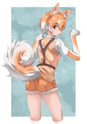 Rule 34 | 1girl, absurdres, animal ears, brown gloves, brown shorts, brown vest, cowboy shot, dog (shiba inu) (kemono friends), dog ears, dog girl, dog tail, elbow gloves, extra ears, from behind, fur trim, gloves, harness, highres, kemono friends, light brown hair, looking at viewer, looking back, multicolored hair, paw pose, red eyes, shirt, short hair, short shorts, short sleeves, shorts, solo, t-shirt, tail, tanabe (fueisei), two-tone gloves, two-tone hair, vest, white fur, white gloves, white hair, white shirt