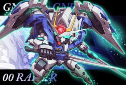 Rule 34 | 00 raiser, character name, chibi, commentary request, dual wielding, english text, glowing, glowing eyes, gn drive, green eyes, gundam, gundam 00, holding, king of unlucky, mecha, mechanical wings, no humans, robot, sd gundam, solo, sword, v-fin, weapon, wings