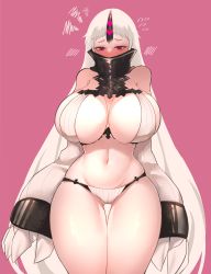 Rule 34 | 1girl, abyssal ship, bare shoulders, bikini, blush, breasts, cameltoe, claws, commentary, covered mouth, curvy, english commentary, flying sweatdrops, gluteal fold, highres, horns, huge breasts, kantai collection, long hair, looking at viewer, micro bikini, navel, pink background, pink eyes, red eyes, seaport princess, single horn, sleeves past wrists, solo, sweat, swimsuit, thigh gap, thighs, uni (oni unicorn), very long hair, white hair, wide hips