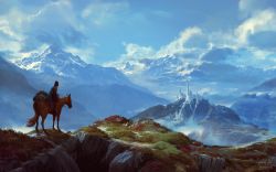 Rule 34 | 1other, absurdres, ambiguous gender, animal, blue sky, cape, castle, cloud, cloudy sky, day, from behind, grass, highres, hood, hood up, horse, mountain, original, outdoors, philipp urlich, riding, scenery, sky, torn clothes