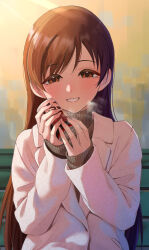 Rule 34 | 1girl, absurdres, black sweater, blush, breath, brown hair, can, canned food, coat, highres, holding, holding can, idolmaster, idolmaster cinderella girls, kaiso (kaisooekaki), long hair, long sleeves, looking at viewer, nitta minami, on bench, ribbed sweater, sitting, smile, solo, straight hair, sweater, upper body, very long hair, white coat