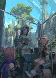 Rule 34 | 3girls, :d, ^ ^, animal ear fluff, animal ears, backpack, bag, bare legs, belt, black footwear, blue eyes, blue hair, blue sky, blue thighhighs, blush, boots, bread, broken glass, building, cabbie hat, chair, city, closed eyes, cloud, collar, crop top, crumbs, day, eating, flower pot, folded ponytail, food, glass, glasses, goggles, goggles on head, hat, holding, holding food, horns, izumi sai, jacket, knee boots, long hair, long sleeves, looking at another, moss, mouth hold, multiple girls, no socks, off shoulder, oni horns, open clothes, open jacket, open mouth, original, outdoors, overgrown, pocket, pointy ears, pouch, purple scarf, red hair, rimless eyewear, ruins, sausage, scarf, shirt, shoes, short hair, short sleeves, shorts, sitting, sky, skyscraper, sleeveless, sleeveless shirt, smile, sweatdrop, tail, thighhighs, tray, unworn backpack, unworn bag, water, waterfall, white footwear, wristband