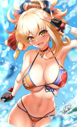 Rule 34 | 1girl, absurdres, alternate breast size, bare shoulders, bikini, blonde hair, blush, breasts, cleavage, collarbone, genshin impact, highres, large breasts, long hair, looking at viewer, navel, nez-box, open mouth, ponytail, smile, solo, swimsuit, thighs, yellow eyes, yoimiya (genshin impact)