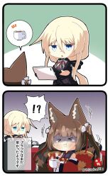 Rule 34 | !?, &gt; &lt;, 2girls, 2koma, amagi-chan (azur lane), animal ear fluff, animal ears, azur lane, bismarck (azur lane), bismarck (iron black elysium) (azur lane), bitter, blonde hair, blue eyes, blunt bangs, brown hair, coffee, coffee cup, comic, commentary request, cup, disposable cup, eyeshadow, fox ears, fox girl, fox tail, gloom (expression), hair between eyes, hair ornament, holding, holding cup, japanese clothes, kitsune, kyuubi, long hair, long sleeves, looking at another, low ponytail, makeup, multiple girls, multiple tails, red eyeshadow, shaded face, short sleeves, sidelocks, signature, simple background, tail, taisa (kari), tearing up, thick eyebrows, translation request, triangle mouth, twintails, twitter username, wide sleeves