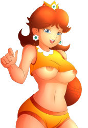 Rule 34 | 1girl, absurdres, bare shoulders, basketball, blue eyes, breasts, brown hair, crown, earrings, flower earrings, highres, jewelry, large breasts, looking at viewer, mario (series), mario basketball 3on3, midriff, navel, nintendo, nipples, open mouth, princess, princess daisy, short hair, shorts, smile, solo, sportswear, tank top, thick thighs, thighs, underboob, wide hips