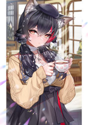 Rule 34 | 1girl, animal ear fluff, animal ears, black hair, black skirt, blush, brown cardigan, brown eyes, cardigan, cup, hair between eyes, hat, highres, holding, holding cup, hololive, indoors, looking at viewer, lumium, multicolored hair, ookami mio, ookami mio (street), open cardigan, open clothes, red hair, shirt, skirt, solo, steam, streaked hair, virtual youtuber, white shirt, wolf ears