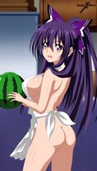 Rule 34 | 1girl, absurdres, apron, ass, back, bare shoulders, breasts, date a live, highres, indexryo, large breasts, long hair, naked apron, no bra, no panties, open mouth, purple eyes, purple hair, yatogami tooka