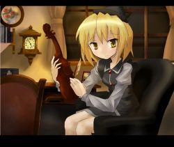 Rule 34 | 1girl, ayagi daifuku, blonde hair, chair, clock, couch, embarrassed, feathers, female focus, hat, instrument, letterboxed, long sleeves, lunasa prismriver, plate, room, short hair, sitting, solo, touhou, violin, watch, window, yellow eyes