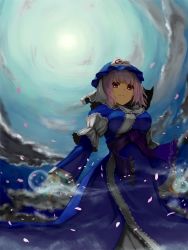 Rule 34 | blue dress, cherry blossoms, cloud, commentary request, dress, hat, japanese clothes, long sleeves, looking at viewer, mob cap, moon, night, outstretched arms, petals, pink eyes, pink hair, saigyouji yuyuko, sengoku64, sky, solo, spread arms, touhou, triangular headpiece, wide sleeves