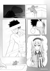 Rule 34 | ..., 10s, 1boy, 1girl, abs, arms behind back, bare shoulders, beret, breasts, burn scar, comic, employee uniform, faceless, faceless male, faucet, greyscale, hat, indoors, kantai collection, kashima (kancolle), large breasts, lawson, long hair, looking at mirror, looking at viewer, mirror, monochrome, robba-san (wangphing), scar, shirt, short hair, sink, smile, spoken ellipsis, striped clothes, striped shirt, thought bubble, towel, twintails, twitter username, uniform, wangphing, water, wavy hair