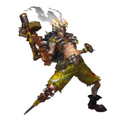 Rule 34 | 1boy, absurdres, alpha transparency, arnold tsang, blonde hair, boots, chain, dynamite, explosive, eyebrows, fingerless gloves, full body, gloves, grin, gun, highres, junkrat (overwatch), male focus, mechanical arms, official art, overwatch, overwatch 1, peg leg, single mechanical arm, skull and crossbones, smile, smoke, solo, tattoo, thick eyebrows, topless male, transparent background, weapon