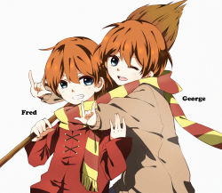 Rule 34 | 2boys, aged down, al (ahr), aru (iceland), bad id, bad pixiv id, blue eyes, broom, brothers, brown coat, character name, coat, double m/, fred weasley, george weasley, grin, harry potter (series), highres, m/, multiple boys, one eye closed, orange hair, red coat, scarf, shared clothes, shared scarf, siblings, smile, twins, wizarding world