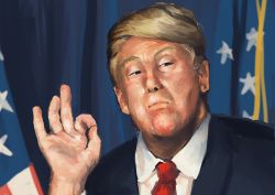 Rule 34 | 1boy, absurdres, american flag, blonde hair, blue jacket, blurry, blurry background, chanta (ayatakaoisii), closed mouth, collared shirt, depth of field, donald trump, half-closed eyes, hand up, highres, jacket, looking at viewer, male focus, necktie, ok sign, old, old man, real life, realistic, red necktie, shirt, solo, suit jacket, swept bangs, upper body, wing collar