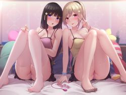 Rule 34 | 2girls, ass, bed sheet, black hair, black skirt, blonde hair, blunt bangs, blush, breasts, camisole, cleavage, collarbone, cushion, egg vibrator, feet, hair between eyes, hair ornament, knees up, large breasts, long hair, looking at viewer, multiple girls, nail polish, on bed, open mouth, original, panties, pillow, pink camisole, pink panties, purple eyes, scrunchie, sex toy, sitting, skirt, smile, star (symbol), star hair ornament, thighhighs, thighs, toes, tongue, tongue out, toyosaki shu, underwear, v, vibrator, white legwear, wrist scrunchie, yellow camisole