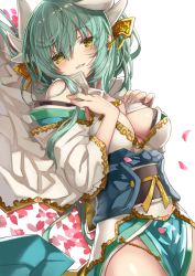 Rule 34 | 1girl, bare shoulders, blush, breast suppress, breasts, cleavage, cowboy shot, fate/grand order, fate (series), fingernails, green hair, groin, hair between eyes, hand on breast, heart, highres, horns, japanese clothes, kimono, kiyohime (fate), long hair, looking at viewer, lying, medium breasts, messy hair, obi, on back, petals, sash, shino (eefy), smile, solo, white background, wide sleeves, yellow eyes