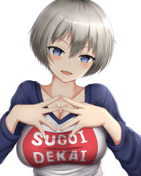 Rule 34 | 1girl, absurdres, barettoarts, blue eyes, blush, breasts, cleavage, clothes writing, fang, female focus, fingernails, grey hair, hair between eyes, hands on own chest, highres, large breasts, open mouth, raglan sleeves, ringed eyes, short hair, simple background, smile, solo, sugoi dekai, upper body, uzaki-chan wa asobitai!, uzaki hana, white background