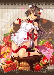 Rule 34 | 1girl, animal ears, apron, bare shoulders, barefoot, blurry, blurry background, box, brown hair, cat ears, chocolate, cupcake, food, fruit, full body, gift, gift box, hand up, heart, heart-shaped box, kneehighs, long hair, looking at viewer, md5 mismatch, naked apron, original, red ribbon, resolution mismatch, ribbon, smile, socks, solo, source larger, strawberry, valentine, yanagi yuu, yellow eyes