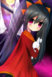 Rule 34 | 1girl, ashley (warioware), black hair, black legwear, blush, cloud, commentary request, curtains, dress, dutch angle, from side, full moon, hair between eyes, hairband, highres, holding, holding stuffed toy, long hair, looking at viewer, looking to the side, merata riji, moon, moonbeam, moonlight, night, night sky, nintendo, open window, purple eyes, red dress, sky, solo, star (sky), starry sky, stitched mouth, stitches, stuffed animal, stuffed rabbit, stuffed toy, transparent, twintails, very long hair, warioware, window