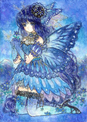 Rule 34 | 1girl, absurdly long hair, antennae, black thighhighs, blue background, blue dress, blue gloves, blue hair, blue thighhighs, breasts, bug, butterfly, butterfly hair ornament, butterfly wings, cleavage, dress, fairy, floral print, flower, full body, gloves, hair flower, hair ornament, high heels, holding, holding flower, insect, insect wings, kneeling, long hair, looking at viewer, original, short sleeves, small breasts, takanashi tsubasa, thighhighs, very long hair, wings