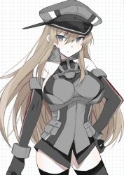 Rule 34 | 1girl, bismarck (kancolle), black gloves, black thighhighs, blush, breasts, brown hair, closed mouth, detached sleeves, gloves, grey eyes, grey hat, hair between eyes, hand on own hip, hat, highres, kantai collection, large breasts, long hair, looking at viewer, military, military uniform, peaked cap, sidelocks, simple background, solo, thighhighs, toriniku senshi chikinman, uniform, very long hair