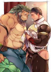 Rule 34 | 2boys, abs, animal ears, arsalan (tokyo houkago summoners), assisted exposure, bara, bare pectorals, beard, black bodysuit, black hair, blush, bodysuit, brown eyes, brown fur, bulge, chest hair, clothes lift, clothing cutout, couple, cowboy shot, erection, erection under clothes, eye contact, facial hair, fingernails, from side, furry, furry male, furry with non-furry, green hair, halo, highres, interspecies, large pectorals, lion boy, lion ears, looking at another, male focus, medium hair, multiple boys, muscular, nipples, pectorals, pelvic curtain, pelvic curtain lift, sharp fingernails, short hair, skin tight, stubble, thick thighs, thigh cutout, thighs, tight clothes, tokyo houkago summoners, topless male, undressing another, wafu (youzora samo18), yaoi, yellow eyes, zabaniyya (housamo)