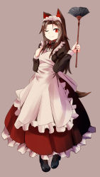 Rule 34 | 1girl, alternate costume, animal ears, apron, black footwear, blush, brooch, closed mouth, duster, enmaided, full body, highres, imaizumi kagerou, jewelry, long sleeves, looking at viewer, maid, maid headdress, nama shirasu, one eye closed, red eyes, shoes, simple background, smile, solo, standing, touhou, wolf ears