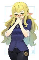 Rule 34 | 1girl, absurdres, artist name, black pants, blonde hair, blue shirt, blush, borrowed character, breasts, commentary, cowboy shot, ear blush, elf, english commentary, glasses, green eyes, covering own mouth, highres, long hair, looking at viewer, medium breasts, nose blush, original, pants, pince-nez, pointy ears, shirt, simple background, solo, tostantan, untucked shirt, wavy hair, white background