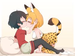 Rule 34 | 2girls, all fours, animal ears, arm support, black hair, black legwear, blonde hair, bow, bowtie, chis (js60216), closed eyes, commentary, couple, from side, grey shorts, hand on another&#039;s head, heart, high-waist skirt, highres, kaban (kemono friends), kemono friends, kiss, kneeling, leaning back, leaning forward, pantyhose under shorts, miniskirt, multiple girls, no gloves, no shoes, on bed, pantyhose, pillow, print legwear, print neckwear, print skirt, red shirt, serval (kemono friends), serval print, shirt, short hair, short sleeves, shorts, sitting, skirt, sleeveless, sleeveless shirt, tail, thighhighs, traditional bowtie, white shirt, yellow legwear, yellow neckwear, yellow skirt, yuri