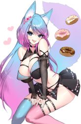 Rule 34 | 1girl, animal ears, asymmetrical legwear, blue hair, breasts, doughnut, fang, food, gradient hair, large breasts, long hair, multicolored hair, nail polish, open mouth, pink hair, silvervale, silvervale (4th costume), skindentation, smile, solo, tail, thighhighs, uhhgaoh, uneven legwear, virtual youtuber, vshojo