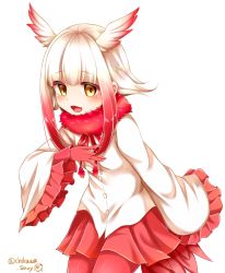 Rule 34 | 10s, 1girl, blush, buttons, chikuwa savy, cowboy shot, fur trim, gloves, head wings, highres, japanese crested ibis (kemono friends), kemono friends, long hair, long sleeves, looking at viewer, miniskirt, multicolored hair, open mouth, pantyhose, pleated skirt, red gloves, red hair, red pantyhose, red skirt, shirt, sidelocks, simple background, skirt, smile, solo, twitter username, two-tone hair, white background, white hair, white shirt, wings, yellow eyes