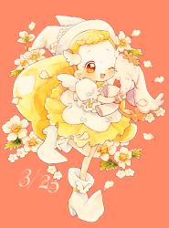 Rule 34 | birthday, blonde hair, blush, boots, brown eyes, dress, earrings, elephant, flower, frilled dress, frills, hat, highres, jewelry, long hair, makihatayama hana, momiji (lucario), ojamajo doremi, one eye closed, open mouth, pao-chan, petals, puffy sleeves, single earring, skirt, smile, twintails, wing hair ornament, witch, witch hat