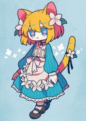 Rule 34 | 1other, animal ears, apron, black choker, blonde hair, blue background, blue dress, blue eyes, buttons, cat ears, cat tail, choker, closed mouth, dress, flower, flower-shaped pupils, flower (symbol), full body, grey footwear, hair flower, hair ornament, highres, long sleeves, looking at viewer, mary janes, medium hair, multicolored hair, no sclera, original, pale skin, pantyhose, pink hair, pink pupils, pinstripe dress, pinstripe pattern, puffy long sleeves, puffy sleeves, ribbon, ribbon choker, rokue (yaigi), shoes, sleeves past wrists, smile, solo, symbol-shaped pupils, tail, tail flower, tail ornament, tail ribbon, two-tone hair, waist apron, white apron, white flower, white pantyhose, yaigi, yellow tail