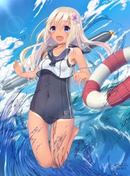 Rule 34 | 1girl, black one-piece swimsuit, blonde hair, blue eyes, blue sky, cloud, covered navel, crop top, dated, day, flower, full body, hair flower, hair ornament, highres, kantai collection, lens flare, lifebuoy, long hair, one-piece swimsuit, one-piece tan, open mouth, outdoors, ro-500 (kancolle), sailor collar, school swimsuit, signature, sky, smile, solo, splashing, swim ring, swimsuit, swimsuit under clothes, tan, tanline, torpedo, traveler (artbbt), water