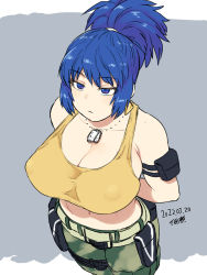 Rule 34 | 1girl, blue eyes, blue hair, breasts, cleavage, from above, large breasts, leona heidern, solo, tank top, the king of fighters, tsukudani (coke-buta)