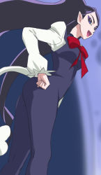Rule 34 | 1girl, ass, black hair, blue eyes, go! princess precure, hand on own hip, haruyama kazunori, long hair, miss siamour, miss siamour (human), open mouth, personification, pointy ears, precure, ribbon, solo, tail, twintails, very long hair