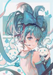 Rule 34 | 1girl, black sleeves, blue bow, blue eyes, blue hair, bow, cinnamiku, cinnamoroll, closed mouth, collared shirt, cosplay, crossover, detached sleeves, ear bow, frilled shirt collar, frills, from behind, grey shirt, hair bow, hatsune miku, hatsune miku (cosplay), headphones, headset, highres, long sleeves, looking at viewer, looking back, minini97372, procreate (medium), sanrio, shirt, sleeveless, sleeveless shirt, updo, upper body, vocaloid, wide sleeves