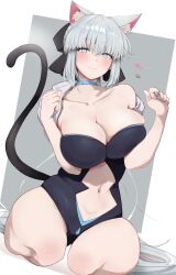 Rule 34 | 1girl, absurdres, animal ears, black bow, black leotard, blue eyes, blush, bow, braid, breasts, cat ears, cat tail, choker, cleavage, fate/grand order, fate (series), grey hair, hair bow, half updo, highres, large breasts, leotard, long hair, looking at viewer, masini-mashini615, morgan le fay (fate), ponytail, seiza, sidelocks, sitting, solo, tail, thighs, very long hair