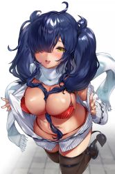 Rule 34 | 1girl, between breasts, bikini, blue hair, blush, breasts, cleavage, hair over one eye, large breasts, long hair, looking at viewer, lucia (ogino atsuki), messy hair, nail polish, navel, open mouth, original, scarf, smile, solo, sweater, swimsuit, thighhighs, twintails, yanyo (ogino atsuki), yellow eyes