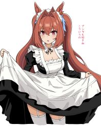 Rule 34 | 1girl, absurdres, animal ears, apron, black dress, breasts, brown hair, cleavage, daiwa scarlet (umamusume), dress, garter straps, highres, horse ears, horse girl, large breasts, lifted by self, long sleeves, maid, maid headdress, oxymoron 0213, puffy long sleeves, puffy sleeves, red eyes, simple background, solo, tiara, twintails, umamusume, white apron, white background