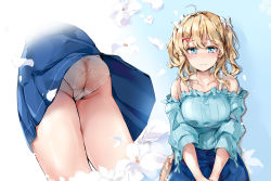 Rule 34 | 1girl, ahoge, ass, bare shoulders, blonde hair, blue eyes, blue shirt, blue skirt, blush, bow, breasts, closed mouth, collarbone, commentary, dema hmw, flower, frilled shirt, frills, hair between eyes, hair bow, hair intakes, hair ornament, hairclip, highres, long sleeves, looking at viewer, medium breasts, multiple views, nose blush, off-shoulder shirt, off shoulder, original, panties, see-through, shirt, skirt, symbol-only commentary, two side up, underwear, upskirt, wavy mouth, white bow, white flower, white panties