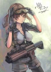 Rule 34 | 1girl, ammunition pouch, artist name, black thighhighs, breasts, brown eyes, brown hair, buckle, bullpup, cleavage, dog tags, eotech, flashlight, gloves, goggles, goggles on head, gun, gun sling, handgun, highres, kel-tec ksg, koh (minagi kou), load bearing vest, open mouth, original, pouch, pump-action shotgun, pump action, shorts, shotgun, shotgun shell, shotgun shell holder, snap-fit buckle, solo, tactical light, thighhighs, trigger discipline, twintails, watch, weapon, weapon request