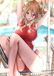Rule 34 | 1girl, :p, aga marino, armpits, arms up, blurry, blurry background, blush, breasts, brown hair, closed mouth, collarbone, commentary request, competition swimsuit, hair between eyes, idolmaster, idolmaster shiny colors, izumi mei, large breasts, looking at viewer, one-piece swimsuit, outdoors, red one-piece swimsuit, sitting, solo, swimsuit, thighs, tongue, tongue out