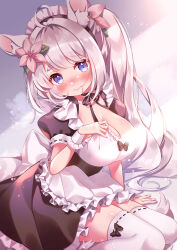 Rule 34 | 1girl, ahoge, animal ears, apron, black dress, blue eyes, blush, breasts, cleavage, commentary, commission, dress, grey hair, hand on own chest, highres, hikimayu, large breasts, long hair, maid, maid headdress, mata, original, side ponytail, sitting, skeb commission, smile, solo, symbol-only commentary, thighhighs, very long hair, white apron, white thighhighs
