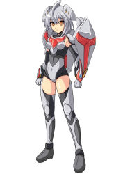 Rule 34 | 1girl, armor, black footwear, black gloves, black leotard, boots, bracelet, breasts, cross (crossryou), gloves, grey armor, grey footwear, grey gloves, grey leotard, headpiece, jewelry, leotard, mechanical wings, medium breasts, personification, red armor, short hair, silver hair, standing, thigh boots, thighhighs, ultra series, ultraman nexus, ultraman nexus (series), white background, wings, yellow eyes