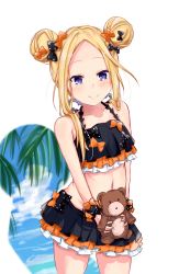 Rule 34 | 1girl, abigail williams (emerald float) (fate), abigail williams (fate), bare shoulders, bikini, black bikini, black bow, blonde hair, blue eyes, blush, bow, breasts, closed mouth, collarbone, double bun, emerald float, fate/grand order, fate (series), forehead, frilled bikini, frills, hair bow, hair bun, highres, hitakami, holding, holding stuffed toy, long hair, looking at viewer, navel, official alternate costume, orange bow, parted bangs, polka dot, polka dot bow, small breasts, smile, solo, stuffed animal, stuffed toy, swimsuit, teddy bear, thighs