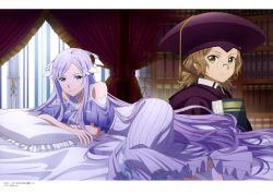 Rule 34 | 2girls, absurdly long hair, absurdres, backlighting, bare shoulders, bed, blurry, canopy bed, cardinal (sao), dated, day, depth of field, dress, frown, highres, indoors, letterboxed, long hair, looking at viewer, lying, multiple girls, purple dress, quinella, swept bangs, sword art online, sword art online: alicization, v-shaped eyebrows, very long hair
