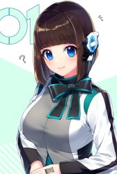 Rule 34 | 1girl, ?, black bow, blue eyes, blunt bangs, bow, breasts, brown hair, character request, closed mouth, commentary request, green background, headgear, highres, jacket, kamen rider, kamen rider 01 (series), large breasts, long sleeves, looking at viewer, notice lines, sakura chiyo (konachi000), signature, smile, solo, two-tone background, upper body, white background, white jacket
