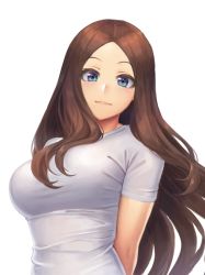 Rule 34 | 1girl, alternate costume, aqua eyes, arms behind back, breasts, brown hair, closed mouth, commentary request, fate/grand order, fate (series), forehead, large breasts, leonardo da vinci (fate), lips, long hair, looking at viewer, pink lips, ranma (kamenrideroz), shirt, short sleeves, simple background, solo, t-shirt, upper body, very long hair, wavy hair, white background, white shirt